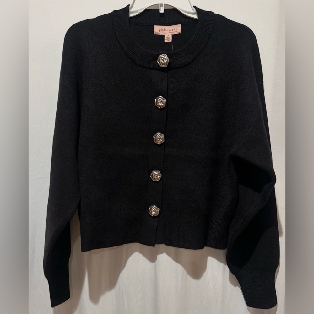 Philosophy Black Cardigan Sweater with Silver Buttons Accents - Size L